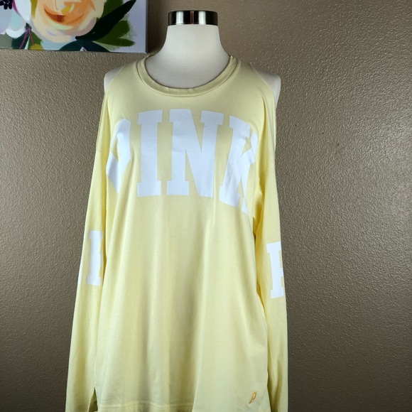 PINK Victoria's Secret Tops - VS Pink Cold Shoulder Yellow Campus Tee-Rare